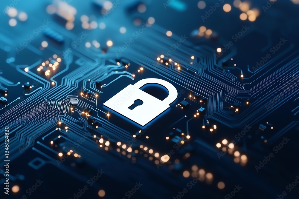 Poster this image features a modern digital lock icon on a circuit board backdrop. it represents online sec