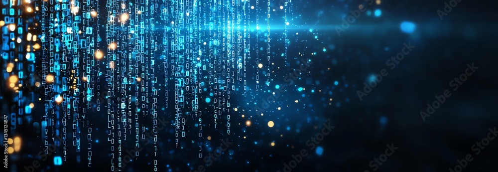 Poster this image showcases a dynamic display of blue light and particles, representing data flow and digit