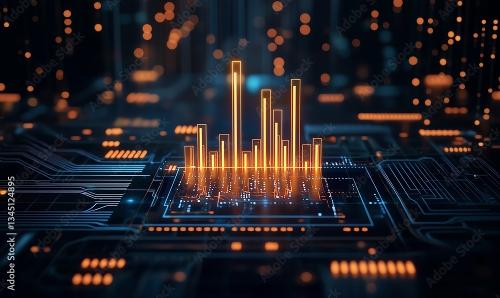 Poster this image showcases a futuristic digital landscape with glowing data bars representing analytics on