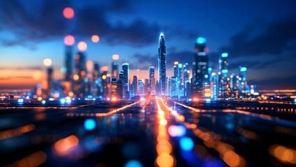 Futuristic city skyline at night with glowing lights