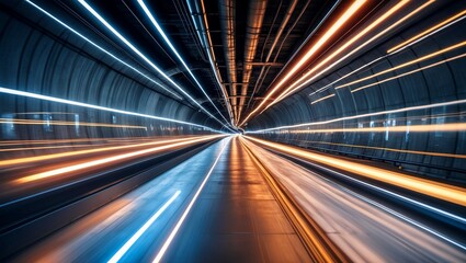 Futuristic city tunnel with dynamic light trails