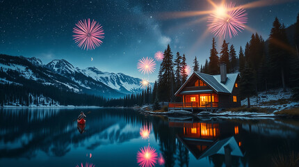 Fototapeta premium house and night view with lake and mountains