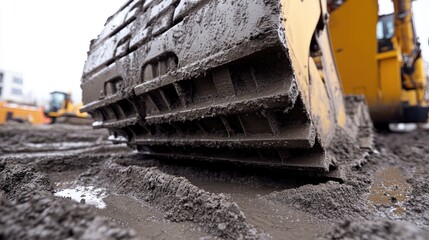 Fototapeta premium Close-up of heavy machinery tracks imprinted on dusty construction ground.