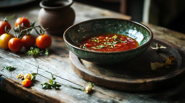 Ceramic bowl of ketchup or tomato sauce spices and fresh tomatoes on wooden table selective focus - Powered by Adobe