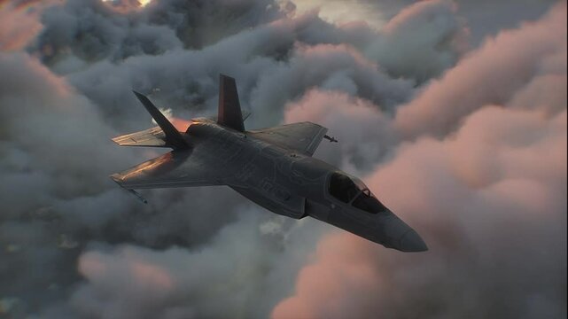 Military fighter jet F-35 flying over clouds. Air force.