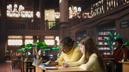 African american professor preparing her learning materials and resources in the library, leveraging expertise to mentor scholars and create a productive academic atmosphere for pupils. Camera B.