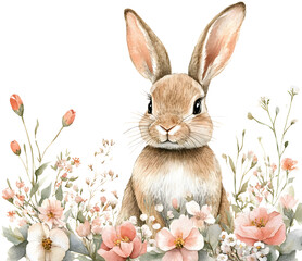 Obraz premium Isolate transparent Rabbit surrounded by colorful flowers, PNG die cut for advertising