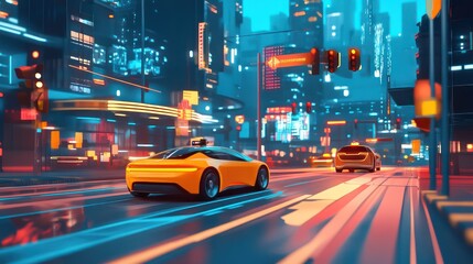 A self-driving car navigating through a busy city street, with futuristic architecture and smart traffic signals