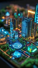 Obraz premium Futuristic city model with illuminated buildings and green spaces