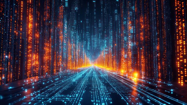 Futuristic corridor of blue light trails and orange streams, perspective view