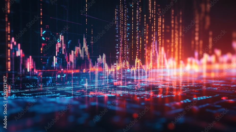Poster Abstract digital cityscape with data streams. Use in technology or data visualization