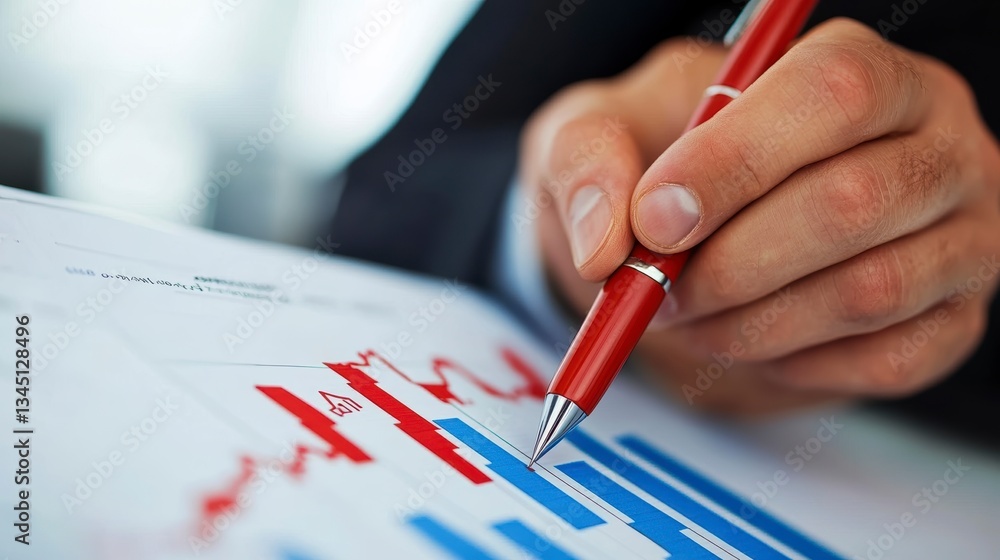 Poster businessperson analyzing financial graph, office setting. possible stock photo use