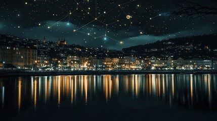 Night city skyline reflecting on river, starry night