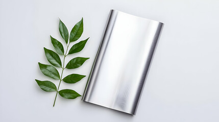 Green Leaf With Fresh Green Leaves and Metallic Silver Object on a Plain White Background Top View