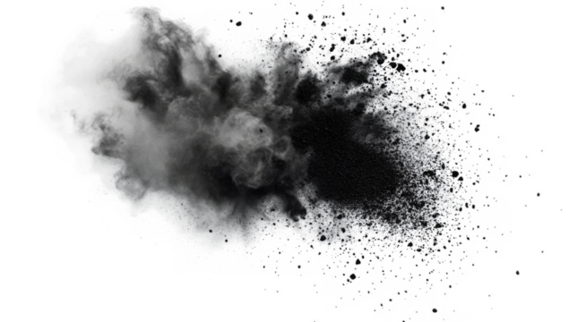 Black chalk pieces and dust flying, effect explode isolated on white 

