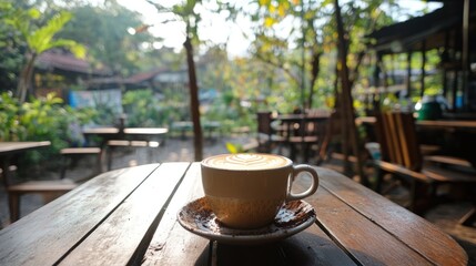 A single cup of coffee on a rustic wooden table outside