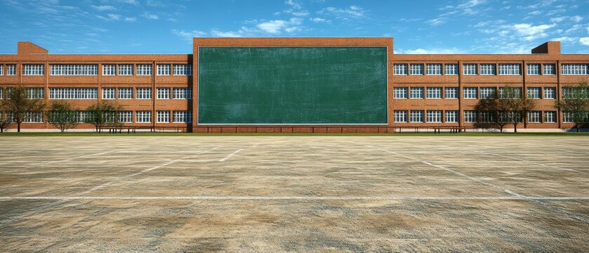 A large brick school building with a chalkboard and yard