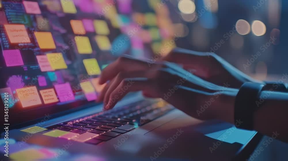 Poster software developer working on a project at night, typing on a laptop keyboard with colorful sticky n