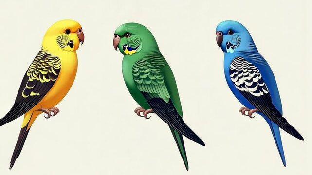 Colorful parakeets perched on a branch showcasing vibrant feathers in a serene environment