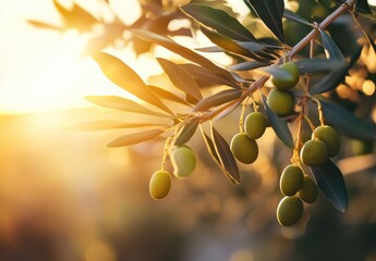 Olive Branch Under Soft Sunset Light with Ripe Green Olives Hanging Amidst Foliage Creating a Serene and Natural Atmosphere