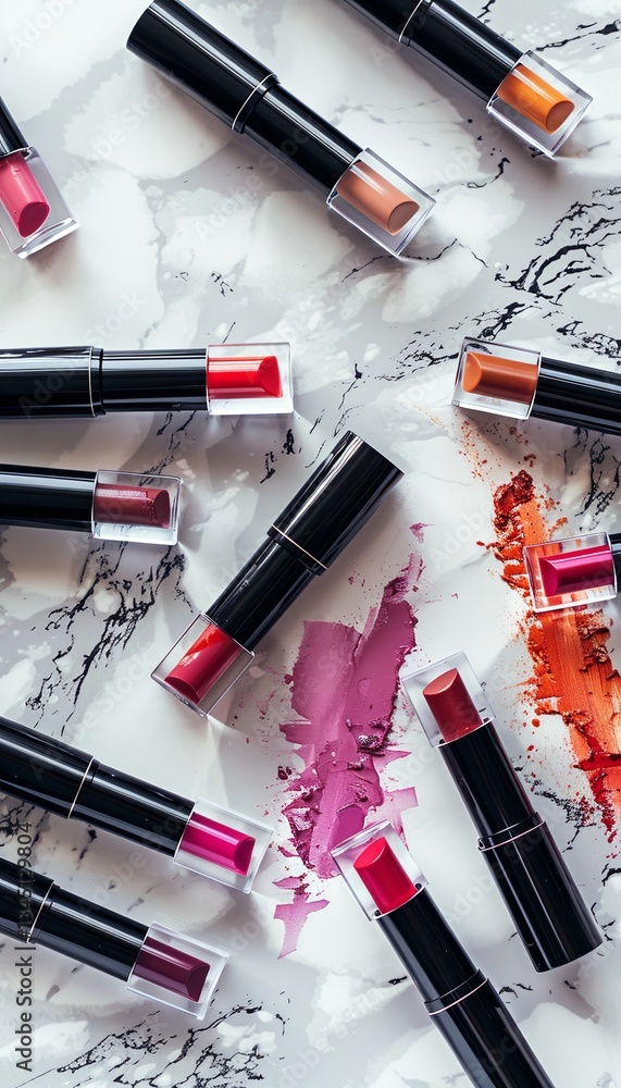 Poster colorful lip gloss and lipstick tubes elegantly arranged on a marble surface with vibrant shades and