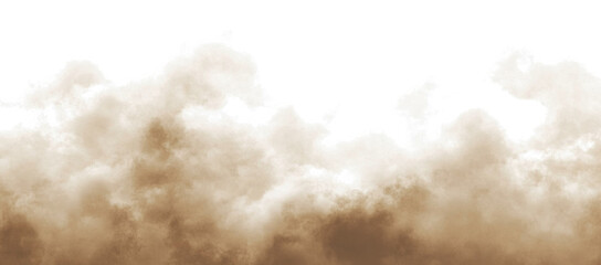Brown dust sand soil smoke cloud particles isolated on a transparent white background. Sandstorm effect, smog, dust explosion rising, Smoke fog overlay effect. Blurred soil dust. PNG design elements 