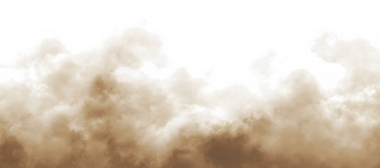 Brown dust sand soil smoke cloud particles isolated on a transparent white background. Sandstorm effect, smog, dust explosion rising, Smoke fog overlay effect. Blurred soil dust. PNG design elements 