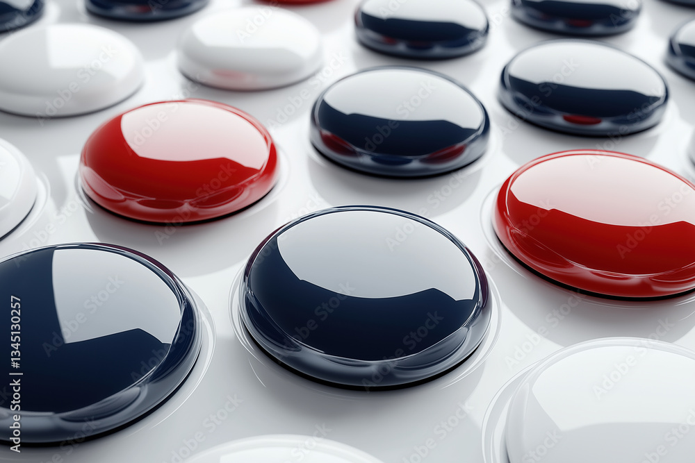 Poster colorful buttons arranged in a pattern on a white surface creating a playful design