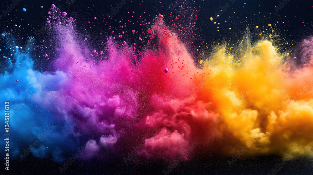 Poster multi-color powder explosion against a black background creates a minimalist yet dynamic effect