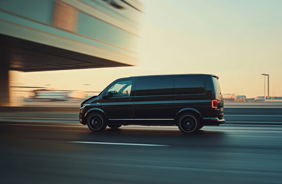 Side back view of black VIP service van running on airport taxiway to terminal building. Limo business class taxi service at airfield. Transfer for security intelligence agency on holiday trip. 