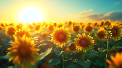 Fototapeta premium Sunflowers Field Blooming at Sunset with Bright Sunlight and Blue Sky