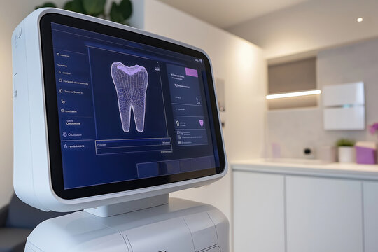 Digital dental technology device displays tooth design in modern clinic environment