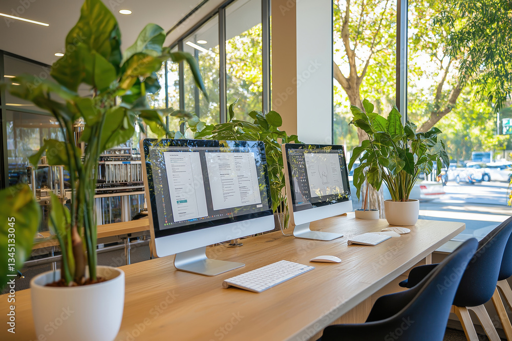 Aufkleber modern workspace with computers and plants in a bright office setting