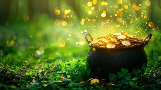 Pot of gold brimming with luminous coins, scattered shamrock leaves around, ethereal green misty background, perfect for St. Patricks Day banners