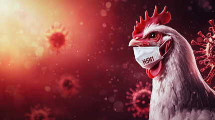 A chicken wearing protective mask labeled H5N1 against red background with virus particles, symbolizing spread of avian influenza