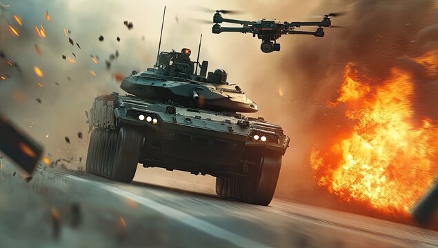 War machine and drones in battle