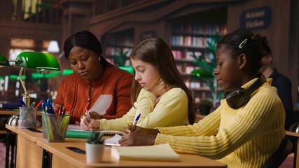 African american professor mentoring diverse students in the library, learning in an academic library filled with curriculum books. Woman tutoring her class pupils on literature subject. Camera B.