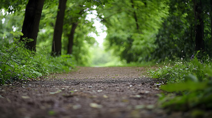 Dirt Path Through Lush Green Forest with Tall Trees and Sunlight Filtering Through