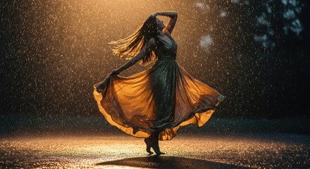 Enchanting Woman Dancing in the Rain, Capturing Beauty and Emotion in Dramatic Lighting
