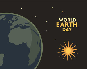 Celebrate World Earth Day with this celestial-themed design featuring a glowing sun, Earth illustration, and starry night background.