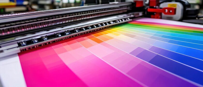 A printer printing a colorful spectrum on a large sheet