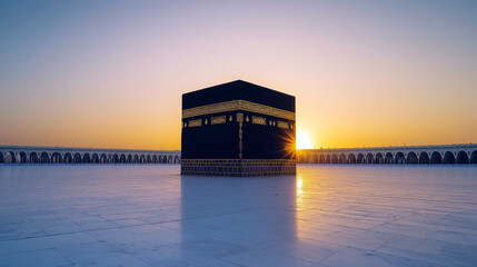 The Kaaba Standing Alone at Sunrise in the Grand Mosque of Mecca, empty