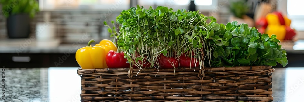 Poster Rustic basket brimming with colorful vegetables and fresh microgreens on a kitchen countertop Generative AI