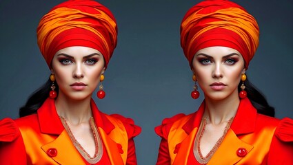 Fototapeta premium Identical twins in vibrant red and orange attire