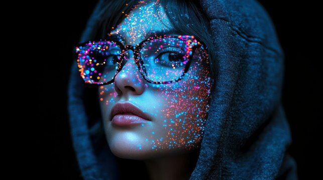 Glowing woman hood, glasses, vibrant spots cover face against dark background