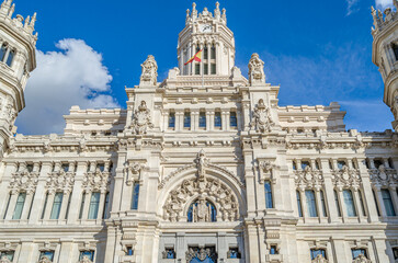 Architectural detail of the iconic Palacio de Cibeles (Cybele Palace), in Madrid, Spain