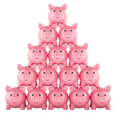 Financial pyramid, concept. Pyramid tower from Piggy Banks. 3D rendering isolated on transparent background