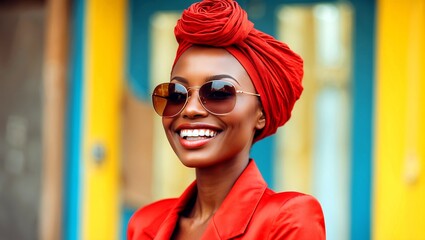 Joyful woman in sunglasses with red headwrap