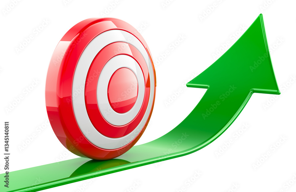 Poster target with growing green arrow. 3d rendering isolated on transparent background