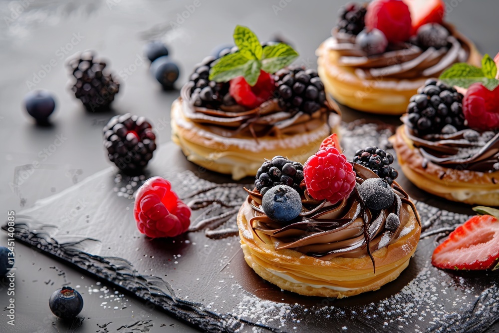 Poster elegant pastries adorned with chocolate and fresh berries showcase vibrant colors in a delightful de